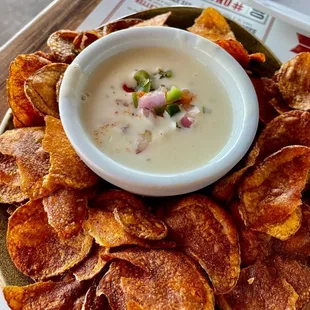 a bowl of dip and chips