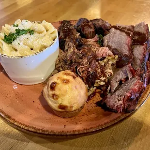 Restaurant Week 2024 Smokin' Spread - burnt ends, brisket, and pulled pork with Mac 'n cheese.
