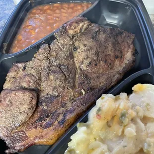 grilled steak and baked beans