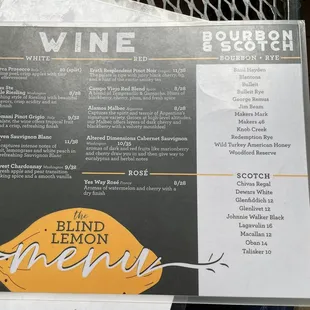 Wine and bourbon/scotch menu