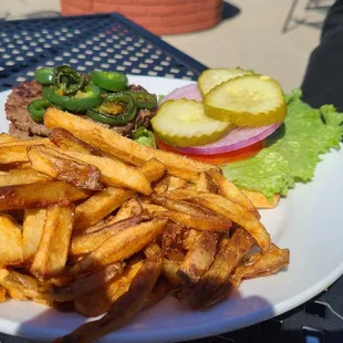 Tasty Burger with Excellent Fries.