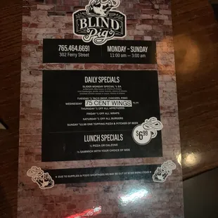 menu for lunch specials