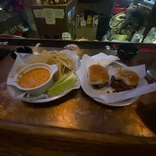 Buffalo chicken dip and pork slider