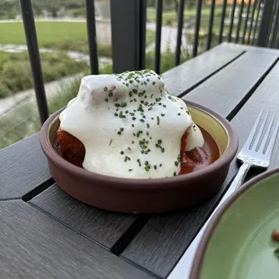 TWICE-COOKED POTATOES - salsa brava / gruyère / chives