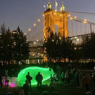 An installation of a frog with the stunning Roebling Bridge in the background.