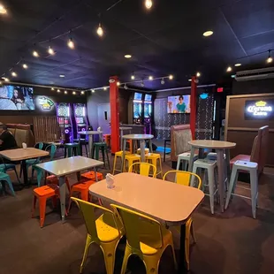 tables and chairs in a restaurant