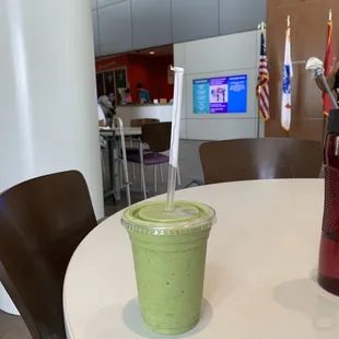 Bruce Lee Smoothie at the Y. Almond milk, pineapple, vanilla yogurt, banana, kale, ginger.
