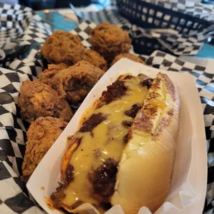 Fried Mushrooms and chili cheese dawg