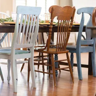It's all about the chair! Mis-matched farm chairs pair beautifully with our rustic farm tables.  Photo courtesy of Bella Jeanne Photograpy