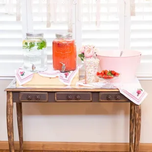 Our Everly desk for a rustic drink set up.  Quite the thirst quencher!  Photo courtesy of Bella Jeanne Photography