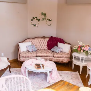 Oh how our Charlotte sofa creates the prettiest pink lounge area.  Paired with our vintage tables &amp; chairs. Photo: Bella Jeanne Photography