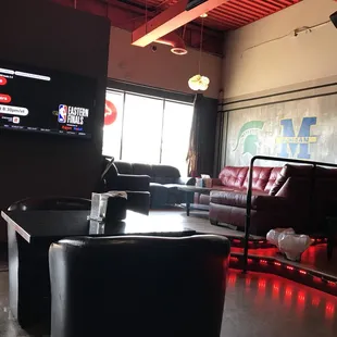 seating area with red lights