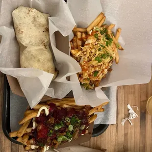 Duck Duck Goose Fries, Crab Rangoon Fries, Poutine Burrito