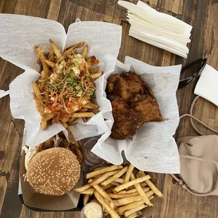 Pc Farm Fried Chicken Thighs Combo(4pcs) ; Crab Rangoon Fries; chicken sandwich; everything was delicious.