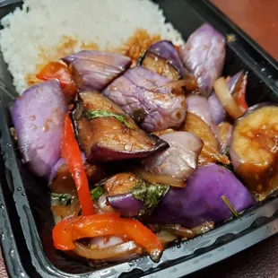 Basil Eggplant ($15.00), takeout order. Comes with white rice.