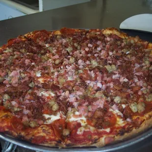 a large pizza on a table