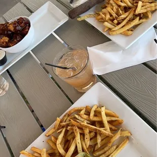 Food: Crispy and spicy chicken sandwich , block burger, and Asian fusion bbq wings.  Drink: Peach bourbon Arnold Palmer