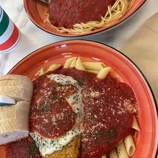 Chicken parm and spaghetti and meatballs