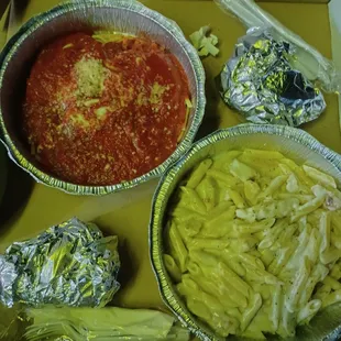 Eggplant parm, bread (in foil), chicken alfredo. We were outside after dark so the lighting wasn't great for pictures.
