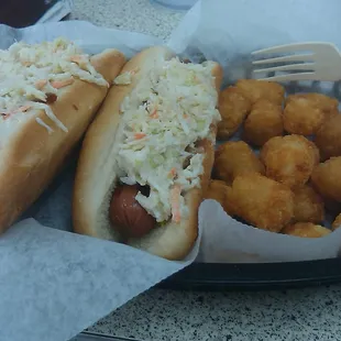2 "Carolina Style" Hotdogs, and tater tots.
