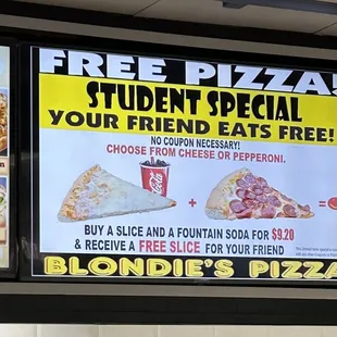 a sign for a student special