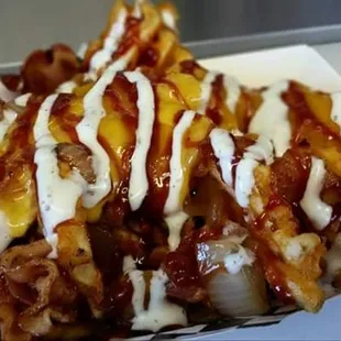 bacon fries with sauce and ketchup