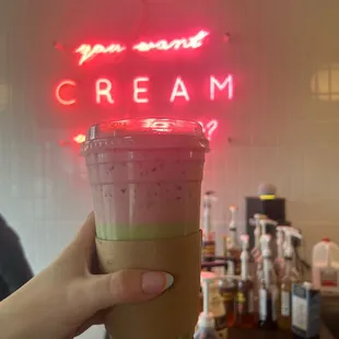 Strawberry oat milk matcha latte