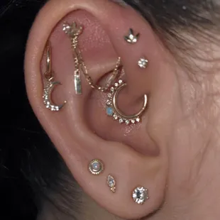 Completed ear layout that Mons styled, 14k gold