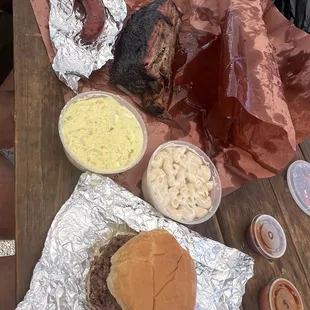 Rib, sausage, potato salad, mac n cheese, chopped bbq sandwich