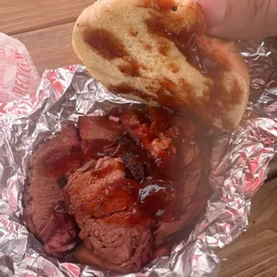 Sliced brisket sandwich