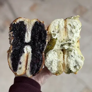 Cross section of: Ube Almond Bloom (Left) and Jalapeno Bloom (Right)