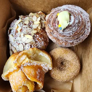 Almond croissant, sweet potato donut, cruffin and morning bun