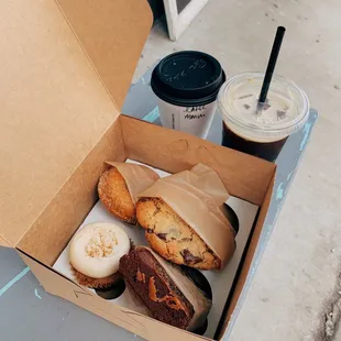 Carrot Cupcake, Peanut butter chocolate chip cookie, salted caramel brownie and sweet potato donut