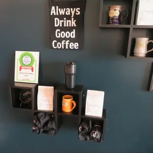 a coffee station with a cup of coffee