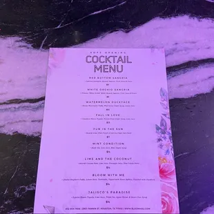 Soft opening cocktail menu