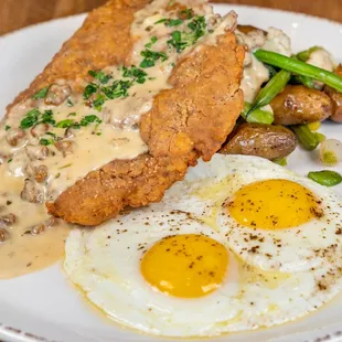 Country fried prime hanger steak and eggs