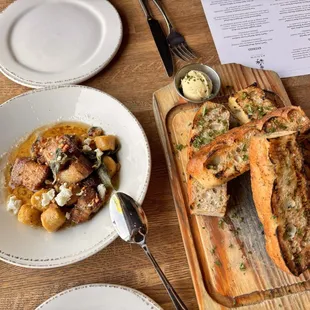 Focaccia bread and pork belly the gnocchis  Sauce perfect for the bread