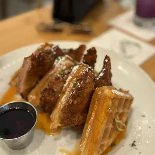 Chicken and waffles  very thin pieces of crispy chicken!
