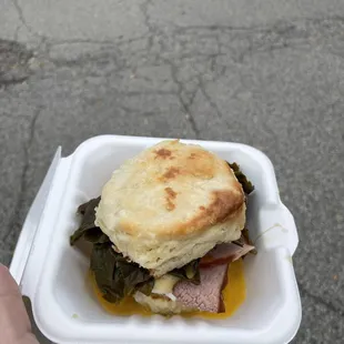 Green Eggs and Ham brekkie biscuit. The collard greens make the whole thing a little wetter than I would prefer, but still very good.