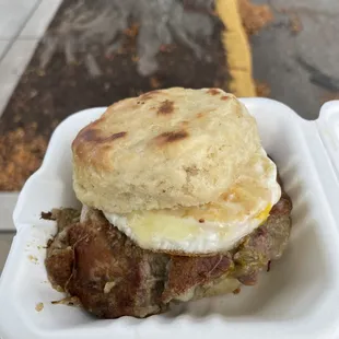 Pork Scramble breakfast biscuit. Absolutely delicious.