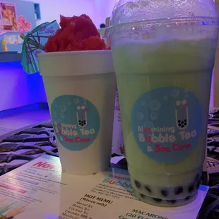 Honey dew with tapioca pearls &amp; cherry sno cone.
