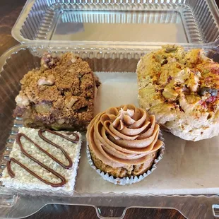 Apple Bar, Pizza Muffin, coconut and chocolate bar, and Carrot Cake muffin with toffee frosting.