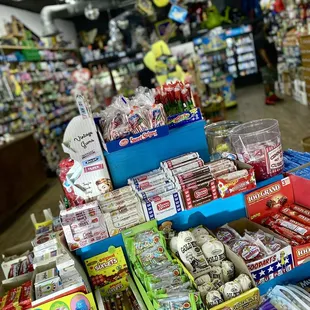 a variety of candy and sodas