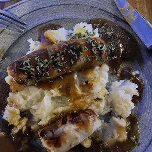 Bangers and mash...the gravy could use some peppercorns.
