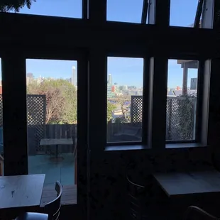 View from comfortable seating near the classic, wood bar.