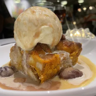 Sweet Potato Bread Pudding, pecans, and vanilla ice cream