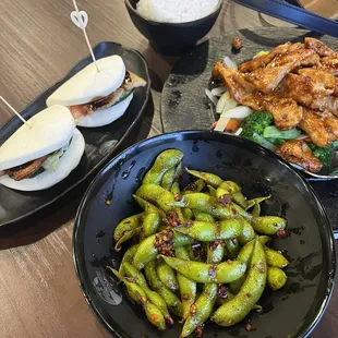 Pork Buns, Teriyaki Chicken, Spicy Garlic Edamame