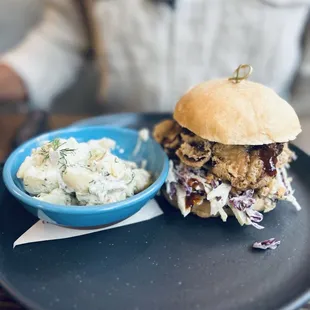Funghi sando and potato salad