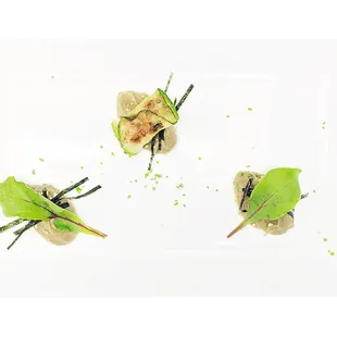 Smoked eggplant with Nori, Zucchini, Togarashi