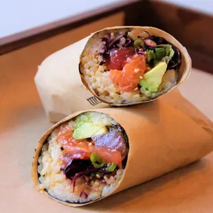 "Fisherman's Harmony Burrito" - Tuna, salmon, green onion, avocado, red cabbage, sesame seeds, furikake, The Poké sauce